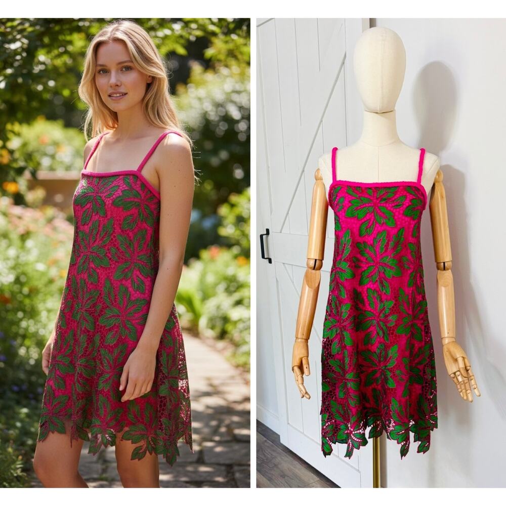 Alex Marie Size 6 Maya Embroidered Lace Overlay Shift Dress Pink Green